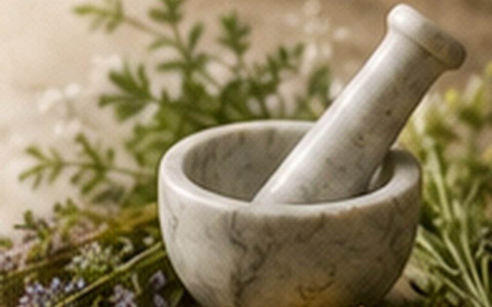Erbe officinali, tisana e mortaio